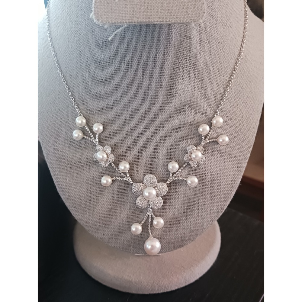 Silver Cultural Pearl Floral Statement Necklace Bridal Wedding Jewelry Pavé - Picture 3 of 5